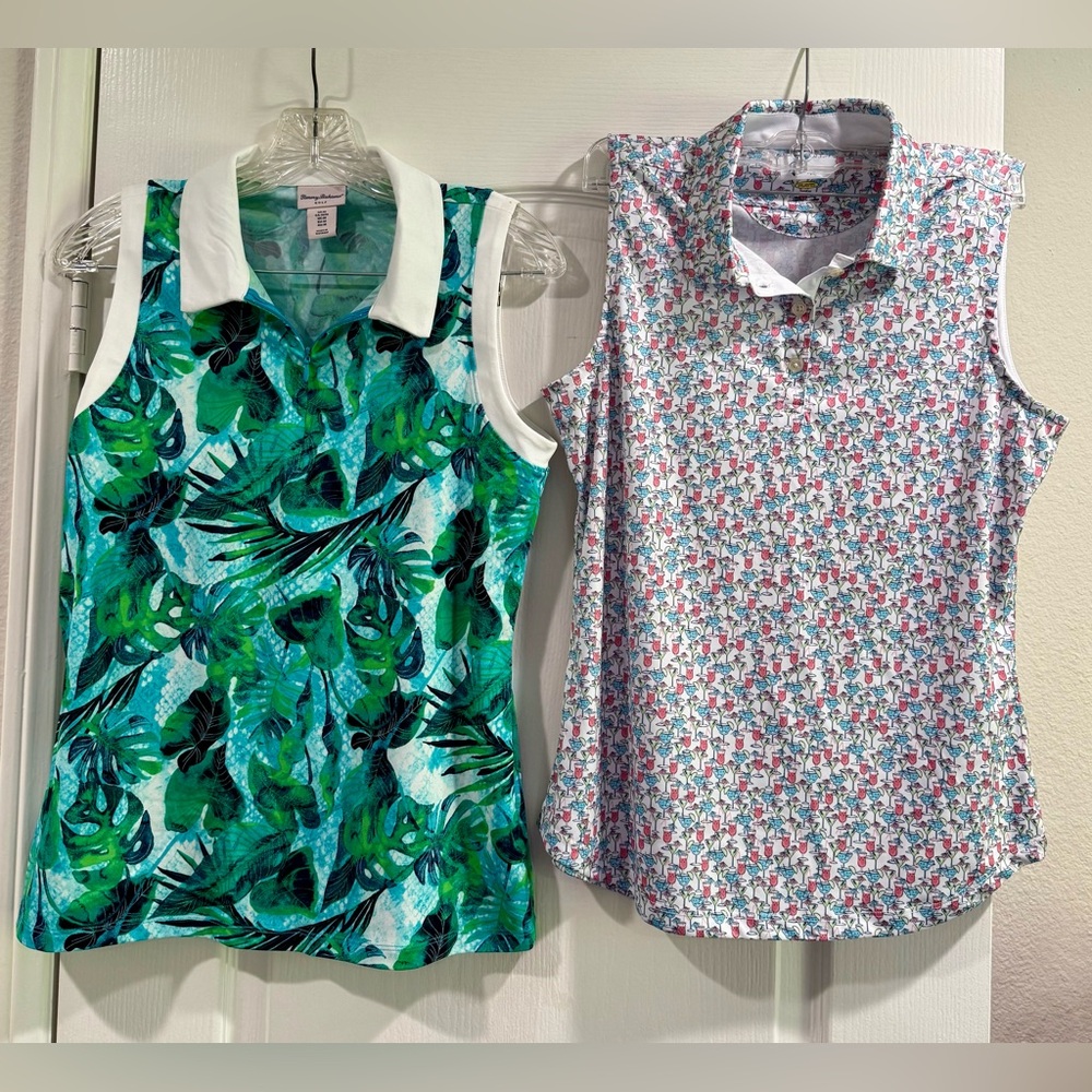 2 Women’s Sleeveless Golf Polos Hawaiian and Cocktails